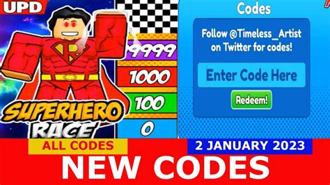 Super hero race clicker codes - Here are all the working codes for Prison Race Clicker: freecodeuseme — Redeem this code 16 minutes of double wins. free — Redeem this code for 100 wins. MoreCodes — Redeem this code 16 minutes of double wins. Release — Redeem this code for 100 wins. Sorry — Redeem for 100 wins. UPDATE1 — Redeem this code 16 minutes …